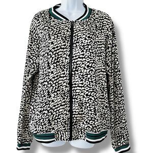 Kori America M Satin Bomber Jacket  Black White Animal Leopard Print Zip Retro